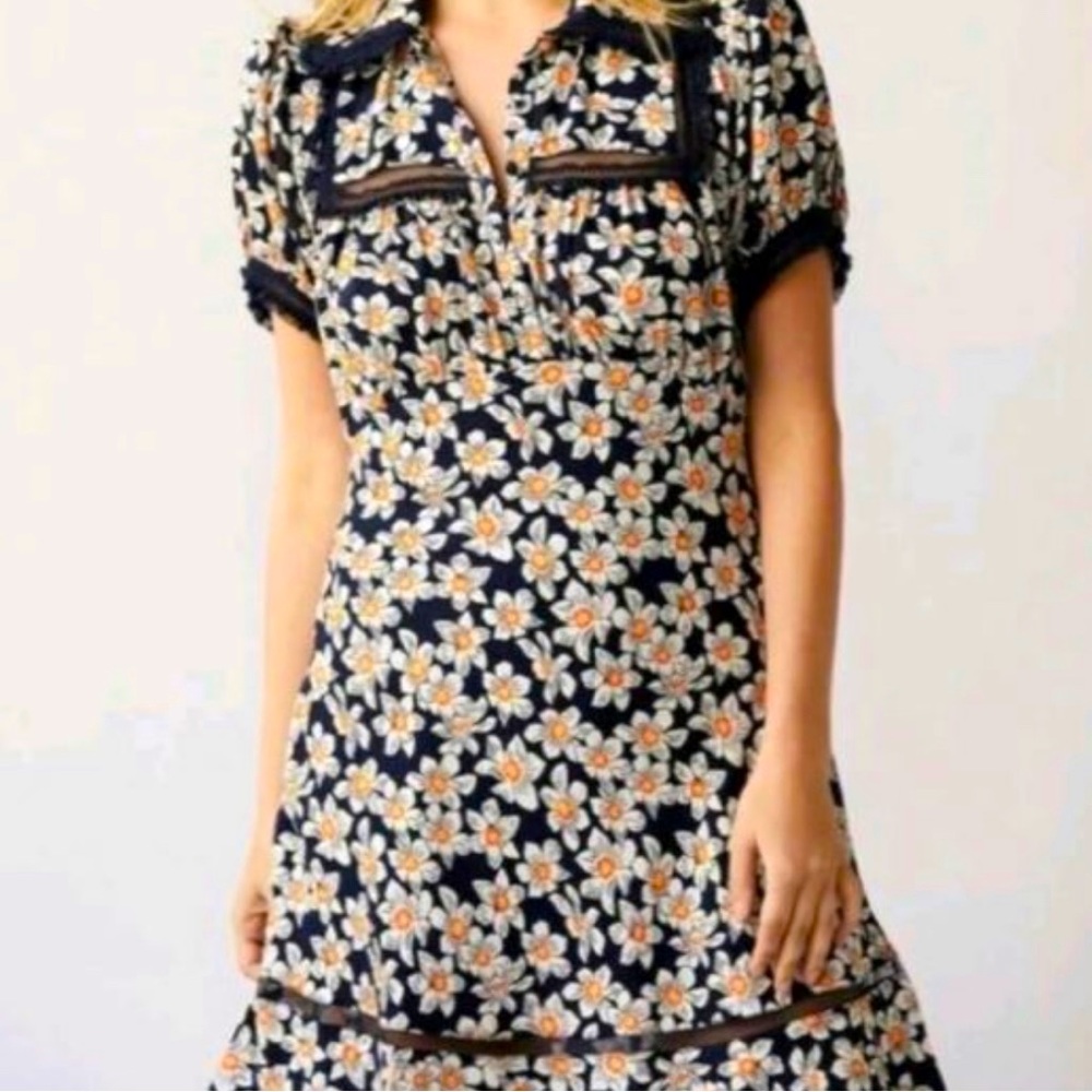 Free People Navy Floral Midi Dress with White & Orange Daisies